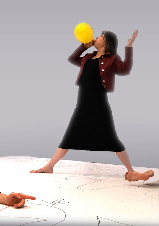 Woman gesturing and blowing up a balloon