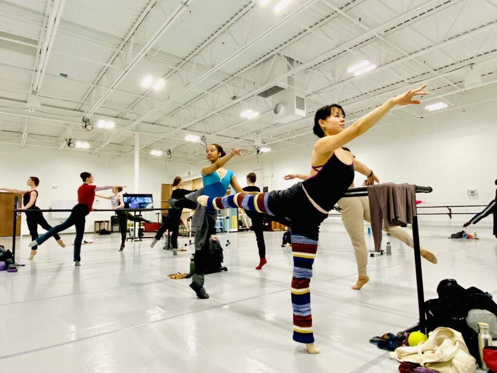 Adult ballet students taking class. 