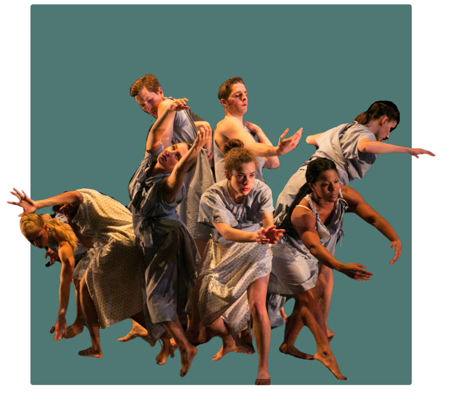 Image of 8 dancers of multiple genders and ethnicities stand in a group and reach with limbs out from center