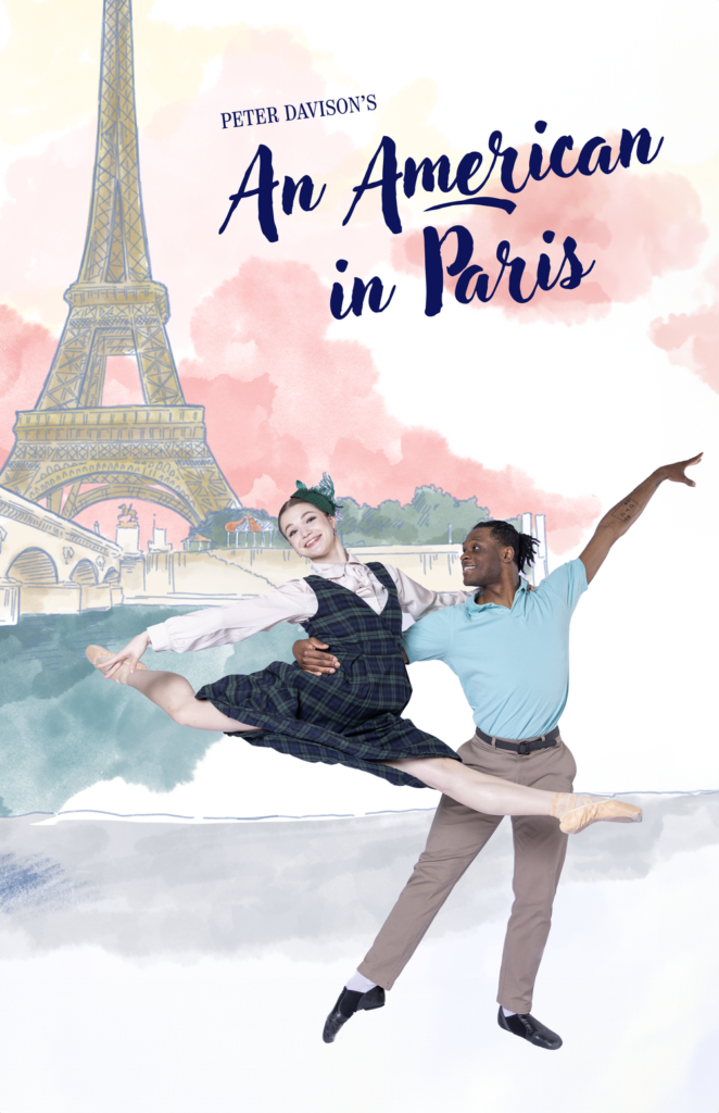 Dancers in lift in front of Eiffel Tower