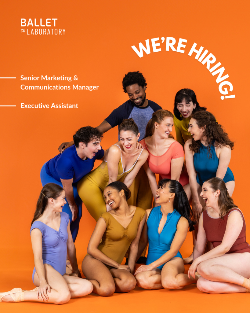 Group of dancers on orange background with hiring text