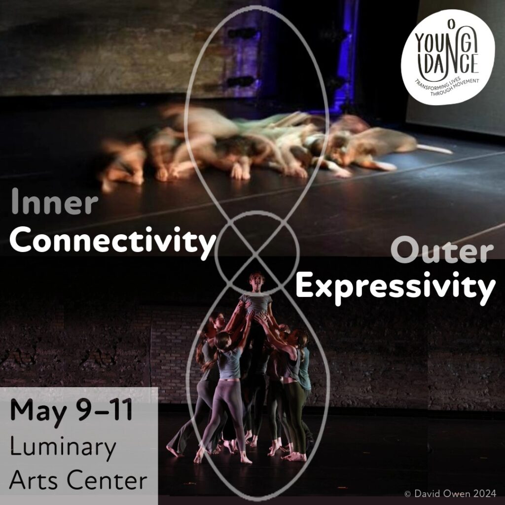 Two images of dancers stacked beneath a modified infinity symbol.