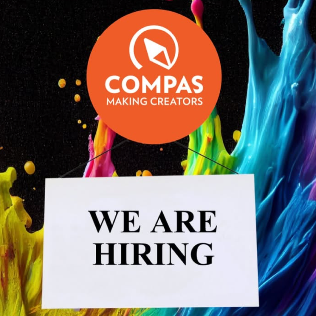 Paint splatters with COMPAS logo and text, "We are Hiring"