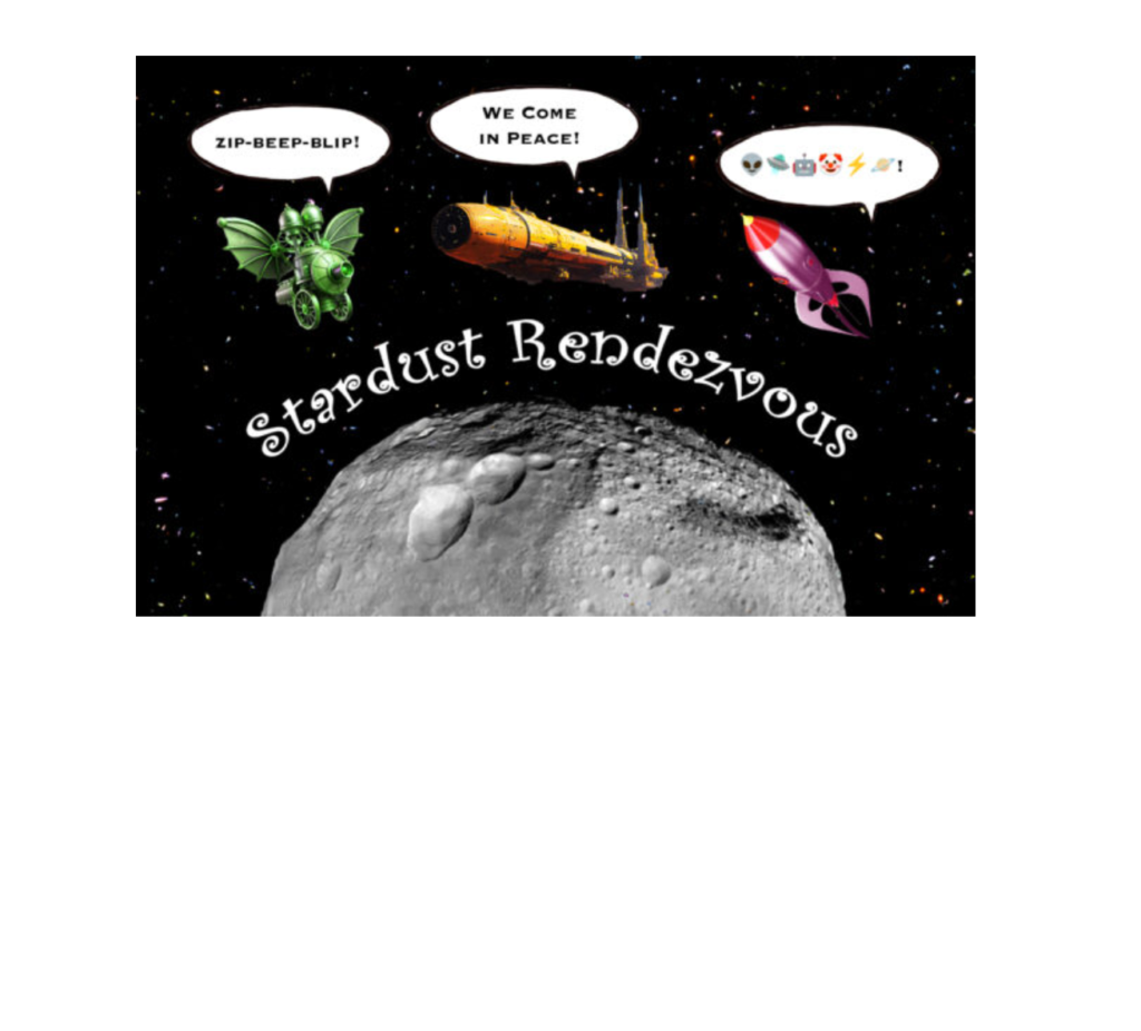 3 alien spaceships fly in space each has a speech bubble and is speaking a different language