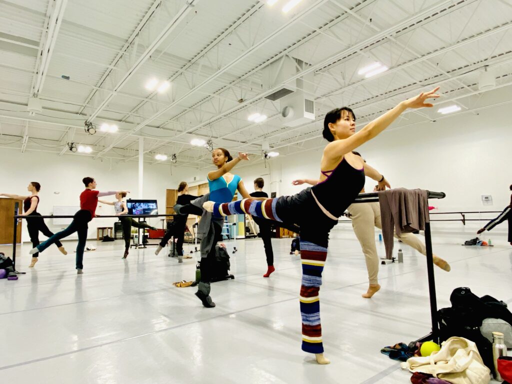 Adult ballet students taking class.